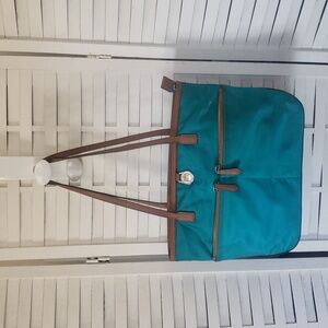 Michael Kord Teal Satin  and Brown Leather Women's Tote Bag